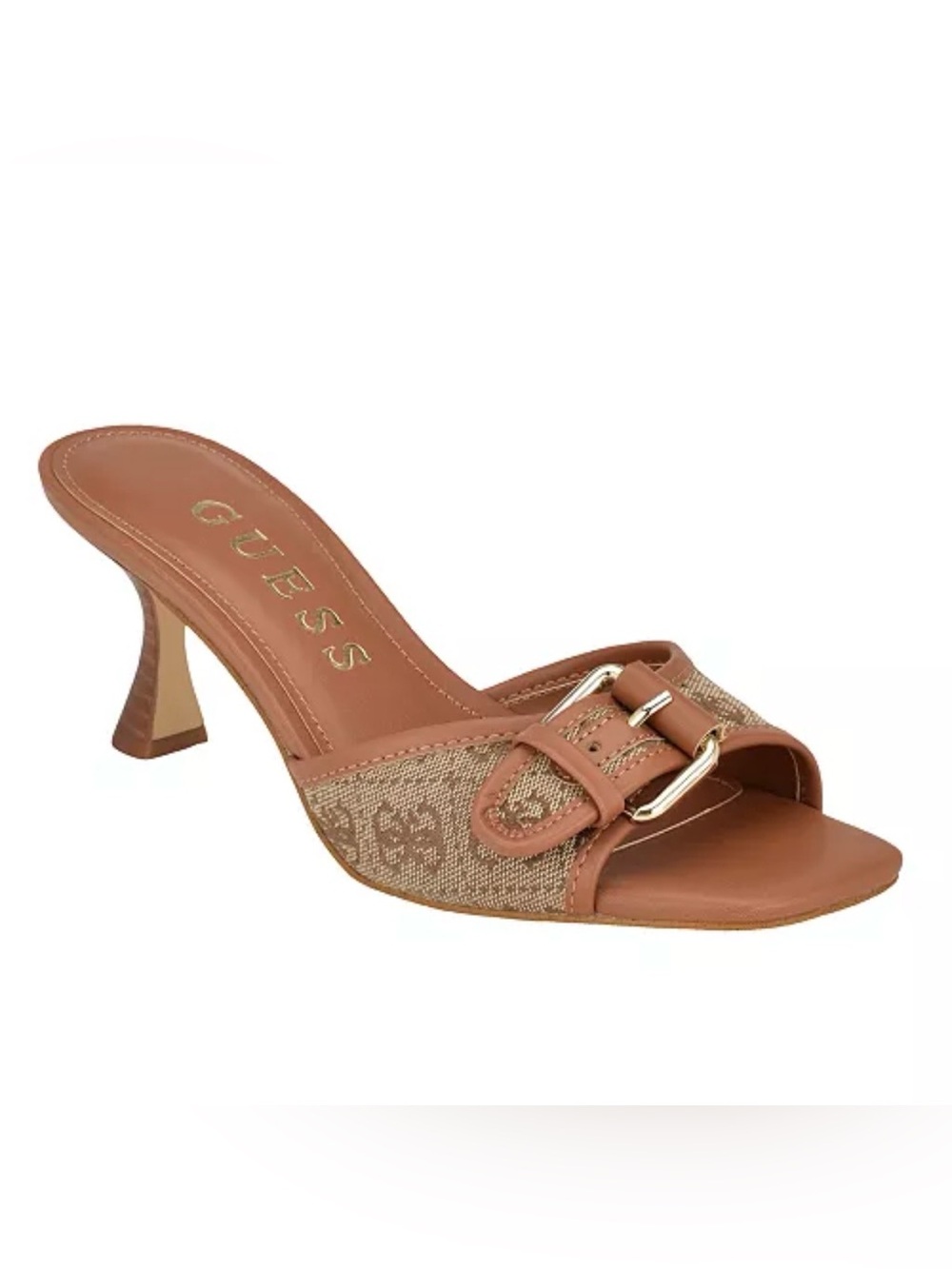 GUESS Brown Tan Logo Jacquard Buckle Mule